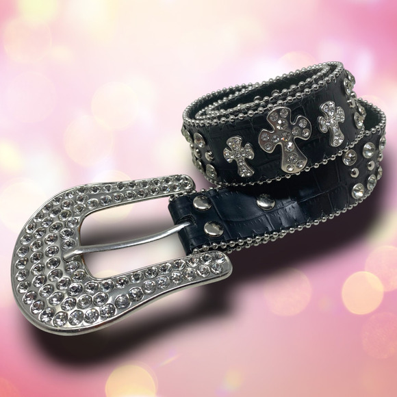 Vintage Nocona Sz S Black Leather Crystal Rhinestone Bling Western Belt Crosses